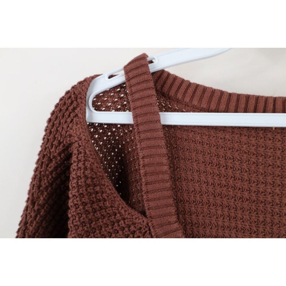 Free People Womens Large Faded Fringed Cold Shoulder Thermal Knit Sweater Brown - Picture 5 of 13